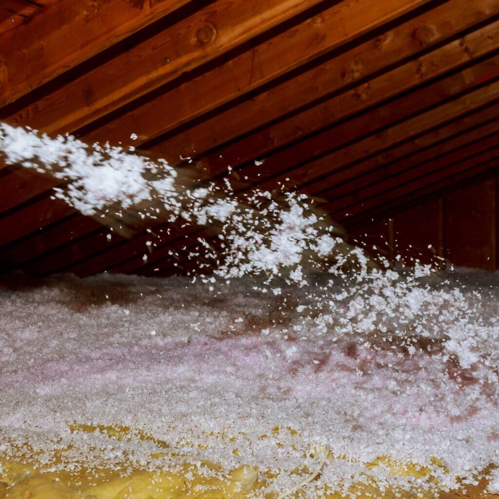 Worker,Spraying,Mineral,Rock,Wool,Of,House,Attic,Insulation